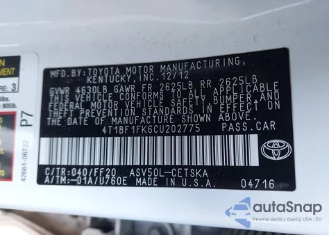 2012 Toyota Camry Se из США, поврежденный, VIN 4T1BF1FK6CU202775